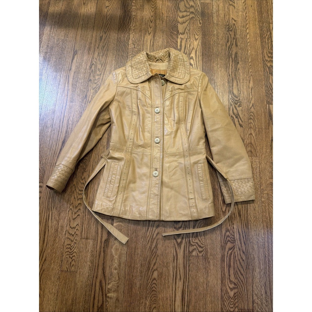 Vintage 1960s Sears Leather Trench Coat Camel Tan Woven Detail Jacket 10